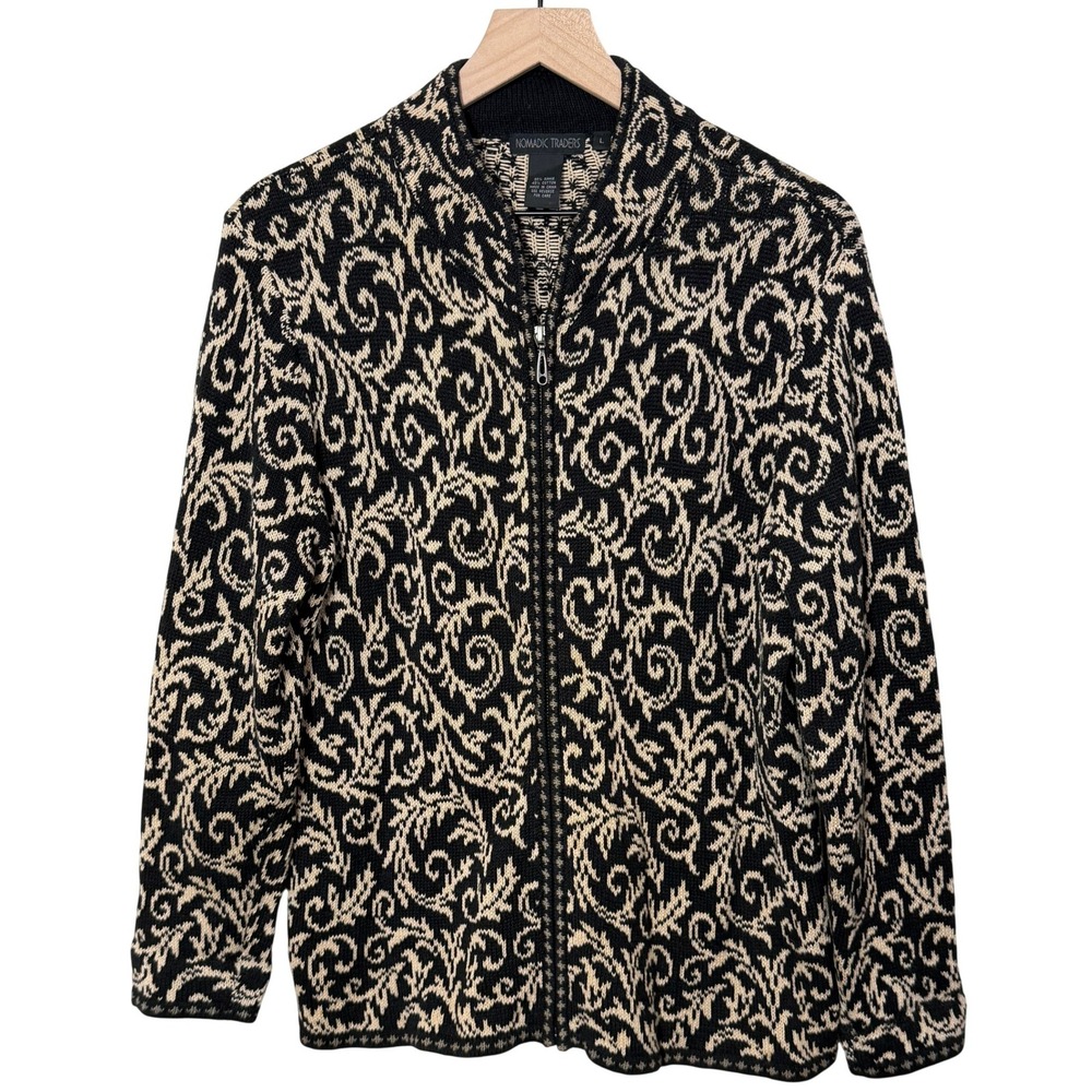 Nomadic Traders Black Tan Pattern Zip Up Cardigan Sweater Women's‎ Large Boho